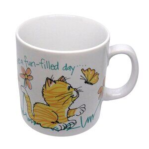 Kitten Cat Mug Butterfly Flowers "Have A Fun-Filled Day" Ceramic Coffee Tea Cup